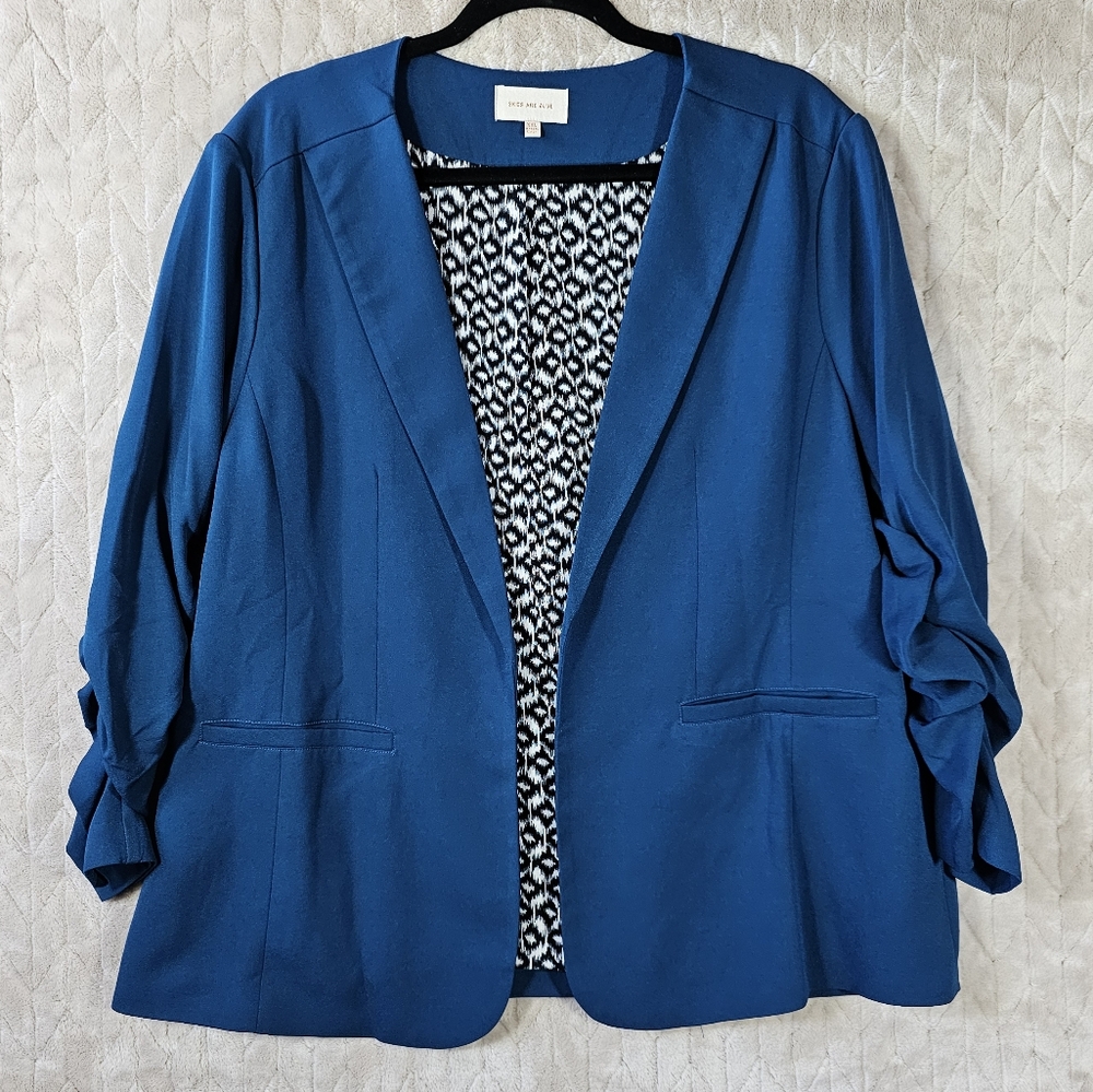 Skies Are Blue Deep Teal Open-Front Blazer with rouched sleeves